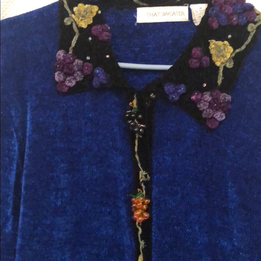 Beautiful navy blue sweater/appliqué fruit buttons